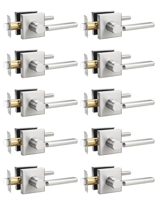 Tinewa Brushed Nickel Passage Door Handle Interior, Square Non-Locking Door Lever for Hallway/Closet, Modern Door Handle Reversible for Left & Right, Heavy-Duty Metal, 10 Pack by Tinewa - Used condition - CA$133.24