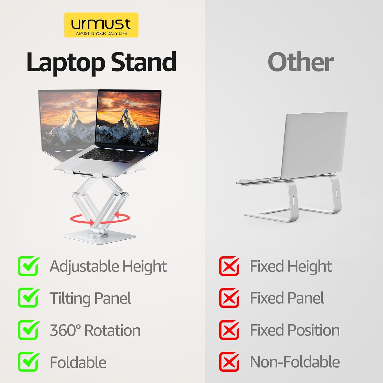 Urmust 360° Rotating Laptop Stand for Desk Adjustable Height, Ergonomic Laptop Riser Standing Desk Converter, MacBook Stand, Computer Lap top Riser Holder, Fits All Laptops 10-17" - Image 2