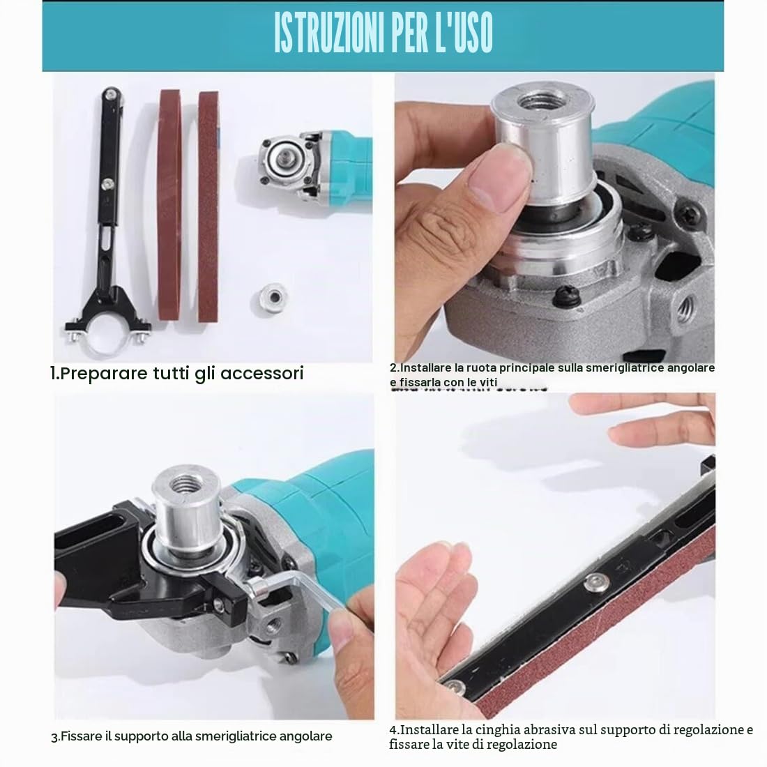 Mini smerigliatrice con 6 cinghie abrasive (60/120 ogni 3 pezzi), lucidatrice multifunzione senza fili, mini levigatrice fai da te per smerigliatrici angolari elettriche da 100/115/125 mm