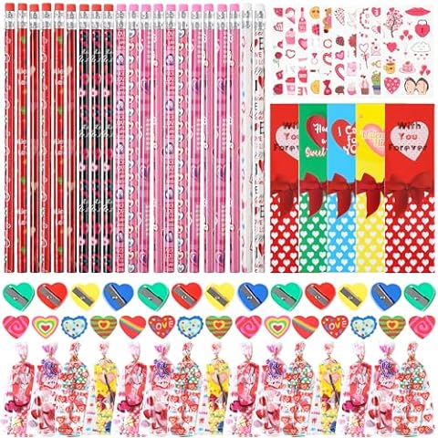 Valentines Day Gifts for Kids Classroom Prizes , 28Pack Stationery Set Includes Exchange Cards, Pencils Erasers Sharpeners Stickers Valentines Treat Bag, Valentine Party Favors Goodie Bag Filler Toys Cover