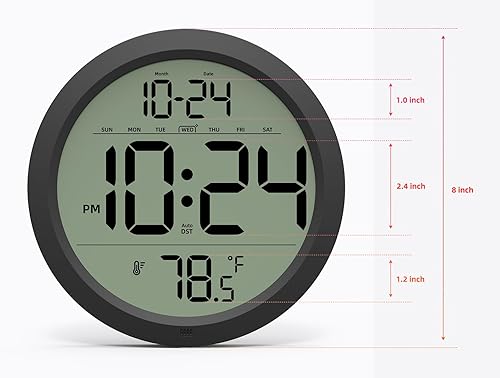 Miniatura 3 de Reloj de pared digital con fecha, temperatura interior, DST automático, reloj digital a batería, reloj de pared decorativo pequeño de 8 pulgadas