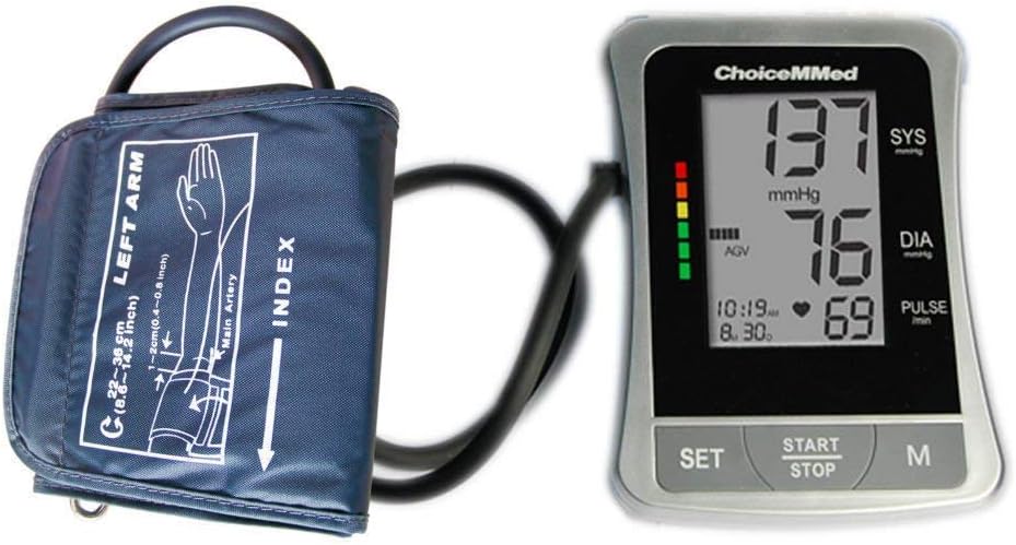 The ChoiceMMed BP11 monitor alongside its arm cuff, demonstrating the connection point.