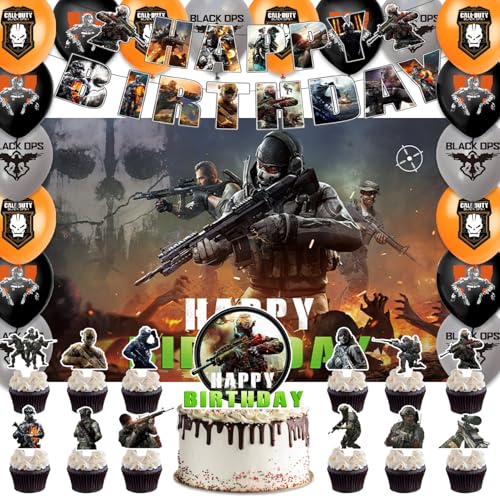 42pcs Call of-Duty Birthday Party Supplies Pack Includes,Banner,Cake Topper,Blackdrop,Balloons for Game Call party decoration