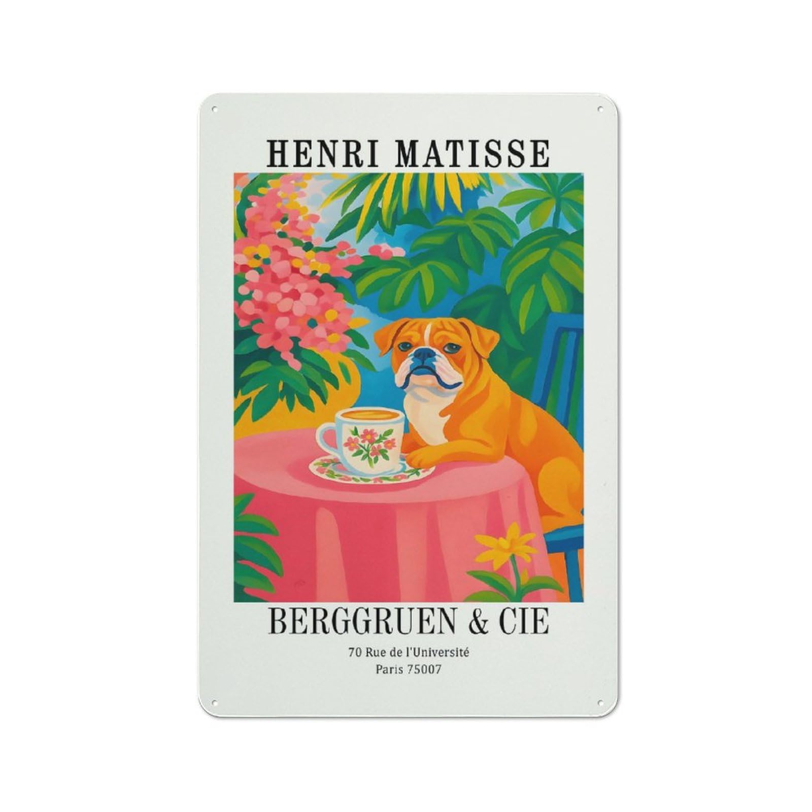 Junmoney Style-22 Tin Wall Plaque 30X20cm With Henri Matisse Dog And Tea For Guest Room Or Hallway, For Garage, Workshop And Man Cave Decoration