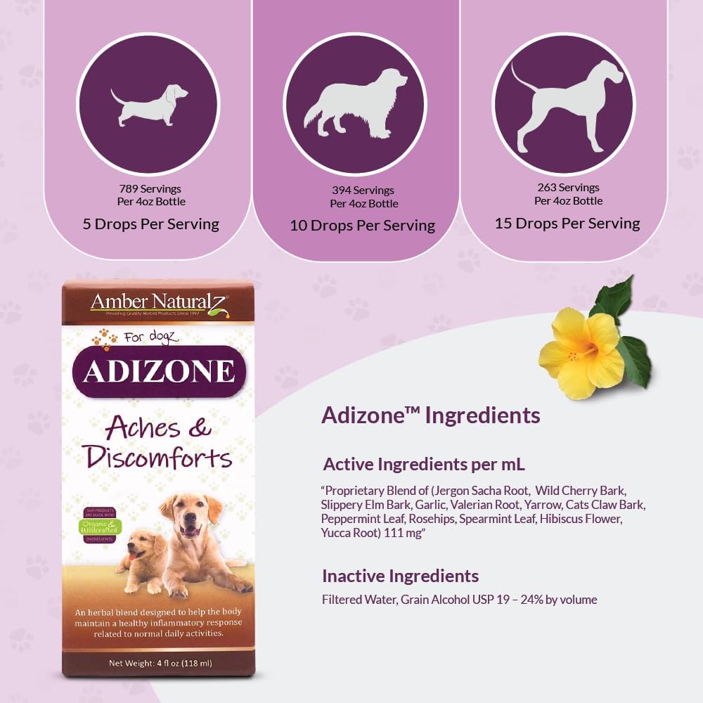 Amber NaturalZ Adizone Herbal Supplement for Dogs | Supports Healthy Inflammatory Response, Occasional Discomfort, and Joint Function | Natural Aid for Active and Aging Canines 4 Fluid Ounces