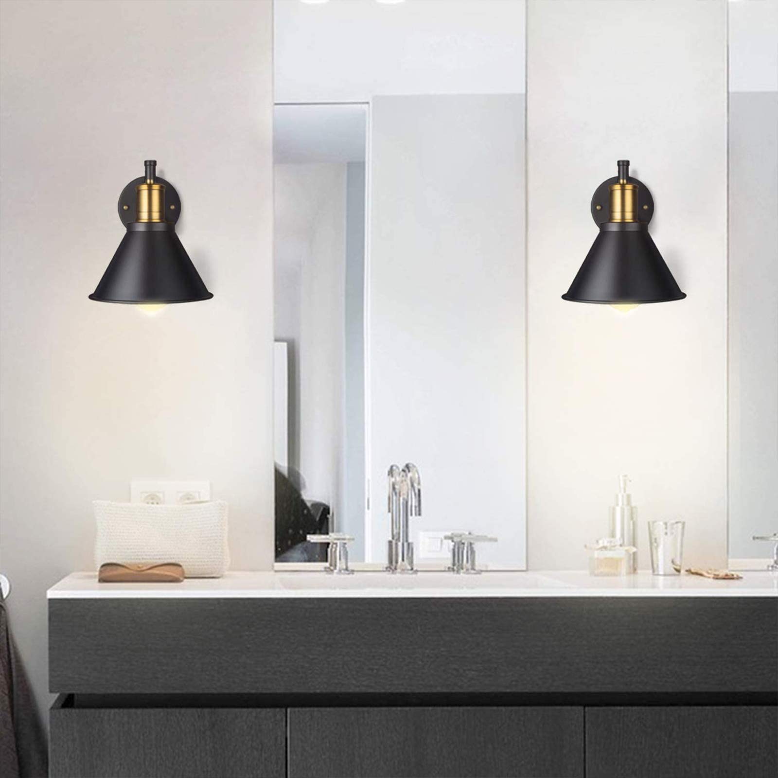 WXKAGF Lampada da Parete Industriale a Braccio Lungo E27 con Interruttore, Lampada da Parete per Camera da Letto Vintage Nera Regolabile con Cavo e Spina da 1,8 m, Illuminazione Rotante con Specchio