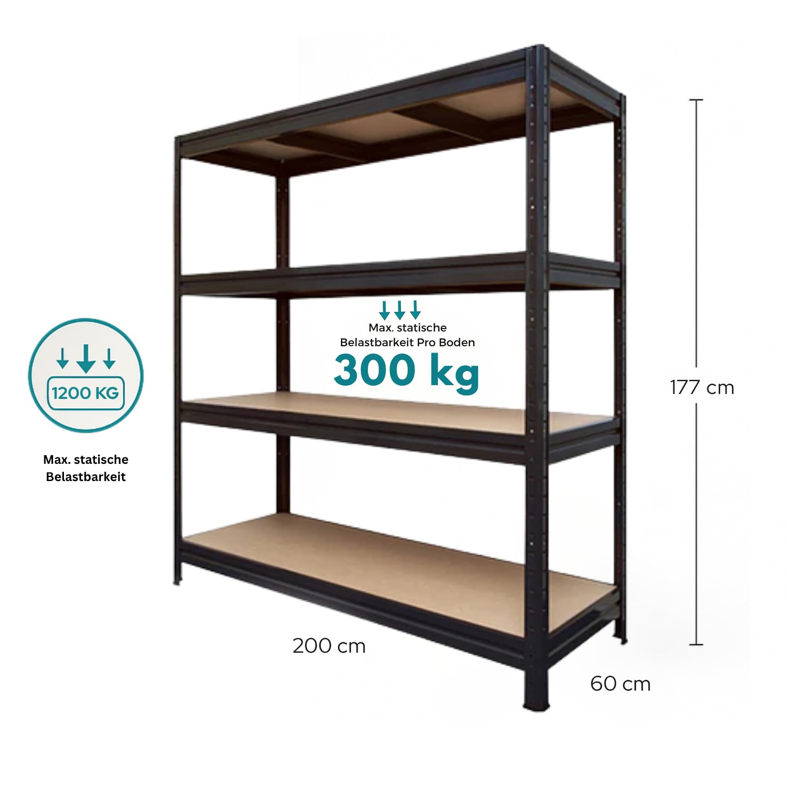 OfficeMarshal Scaffale per carichi pesanti, extra largo, XXL, larghezza 200 cm, scaffale in metallo con carico totale di 1200 kg, per garage, cantina, officina, 2 larghezze e 3 colori (nero, 177 x 200