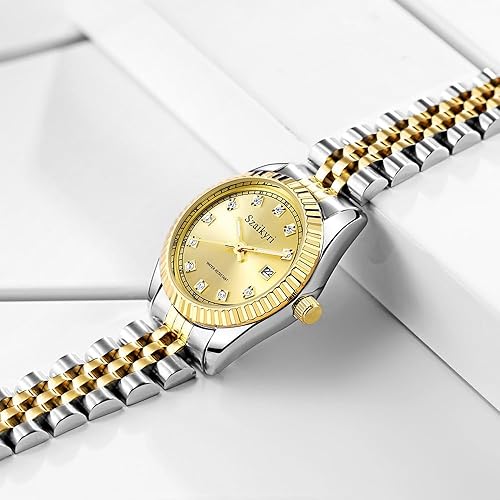 Miniatura 3 de Reloj clásico para mujer con banda de acero inoxidable sólido, reloj de vestir para mujer, reloj con calendario