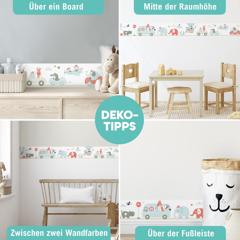 Bordüre selbstklebend TIERE ON TOUR MINT ROT BEIGE - Wandbordüre Kinderzimmer Babyzimmer mit Elefant im Auto - Wandtattoo Schlafzimmer Mädchen & Junge – Wanddeko Baby Kinder