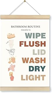 Locomiss Kids Bathroom Wall Art With Wooden Poster Hanger Frame, Bathroom Routine Room Decor, Colorful Bathroom Wall Art, Funny Wall Decor Poster for Nursery Kids Boy Girl Bathroom, 12x16 Inch
