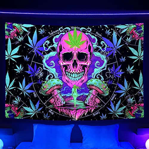 Blacklight Trippy Skull Weed Tapestry Uv Reactive, Constellation Astrology Black Light Tapestry Psychedelic Cannabis Marijuana Leaf Mushroom Tapestry For Men Tarot Witchy Aesthetics Tapestry, 40X30In #TOP1