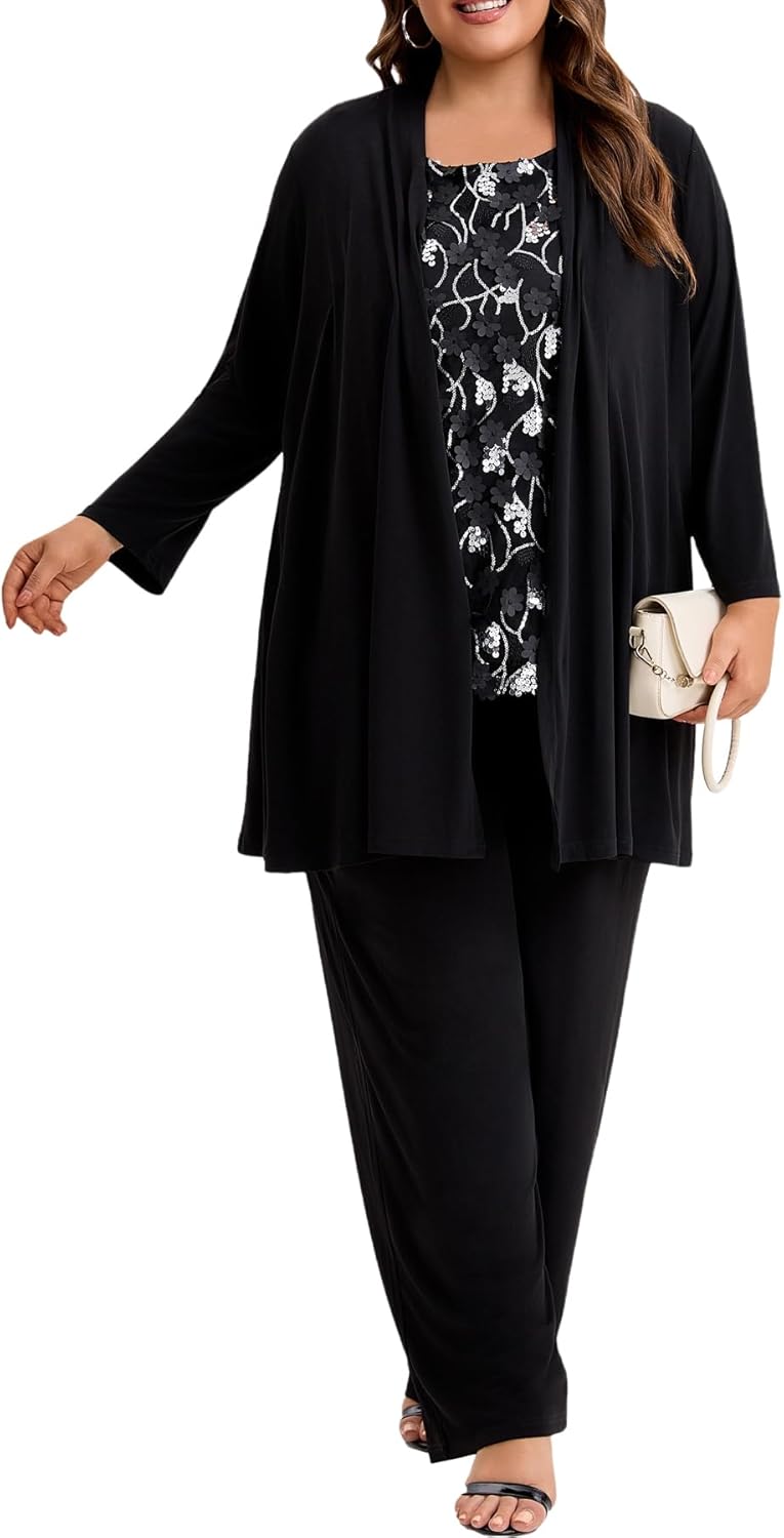 Plus Size Mother of the Bride 3 Piece Pantsuit Set with Embroidered Sequin Applique Vestfor Wedding Guest Outfit - Image 2