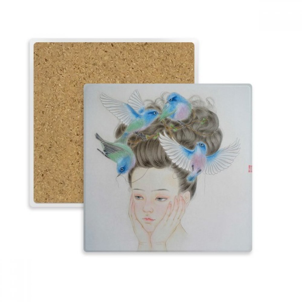 Dessous de verre carré absorbant anti-trace peinture fille chinoise oiseau