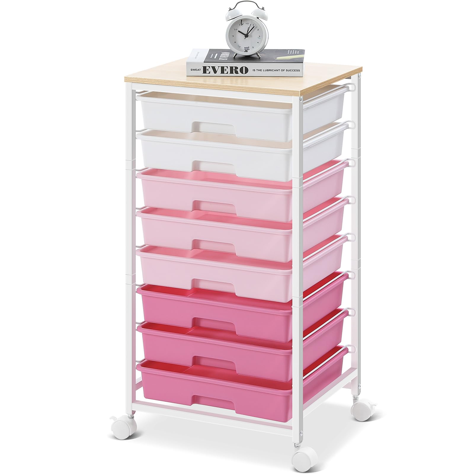 SYKIARIOL Carrito de almacenamiento de 8 cajones con ruedas bloqueables, rosa | Ruedas bloqueables, cajones de plástico, multiusos, para escuela, dormitorio, sala de manualidades, sala de estar