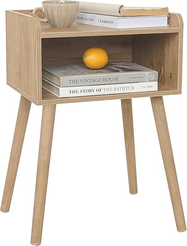 MaxSmeo Mesita de noche, mesa auxiliar moderna de mediados de siglo con almacenamiento, mesita de noche pequeña con patas de madera maciza para sala