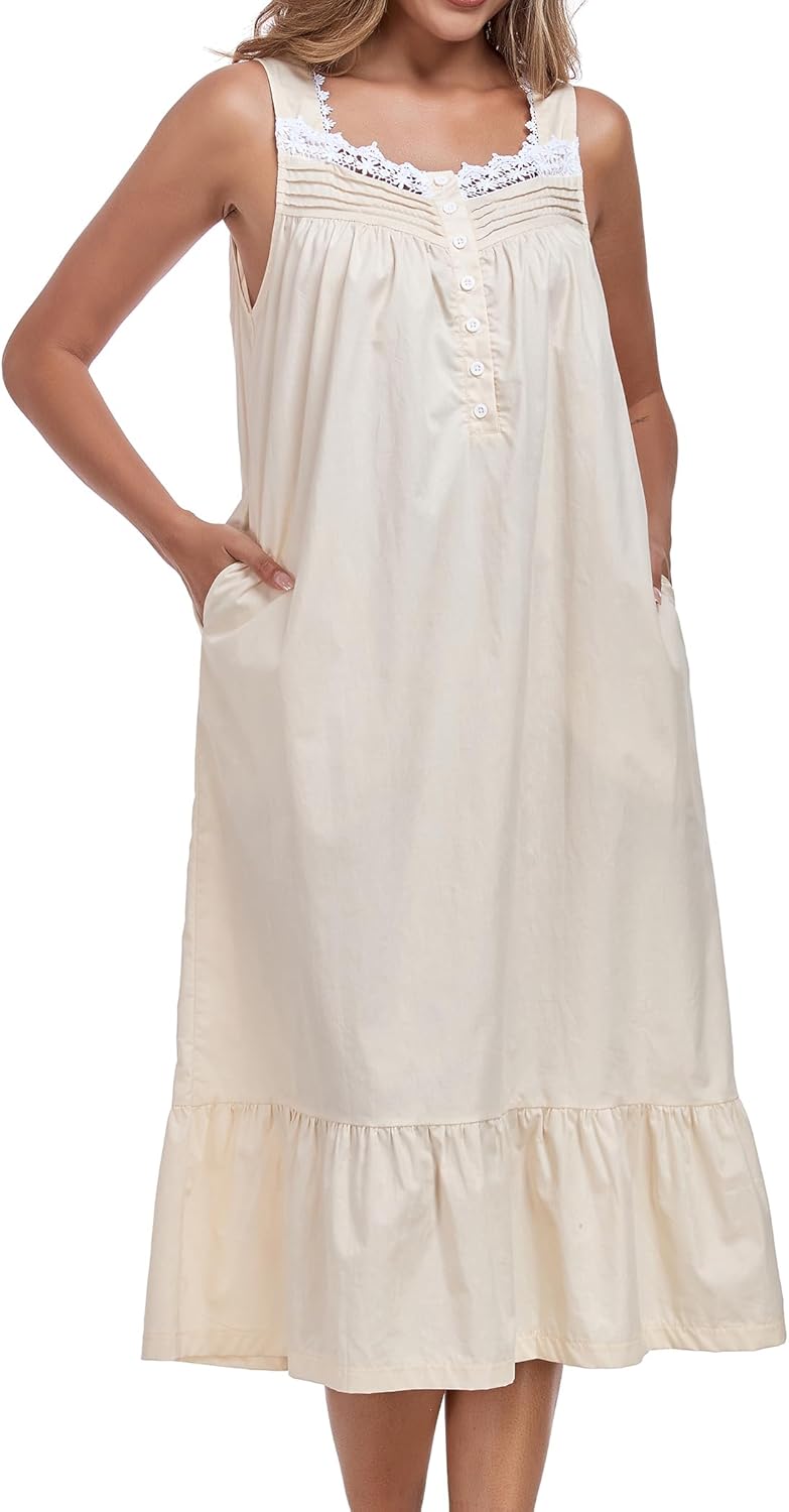 100% Cotton Nightgowns For Women Sleeveless Night Gown Long Sleep Dress With Pockets