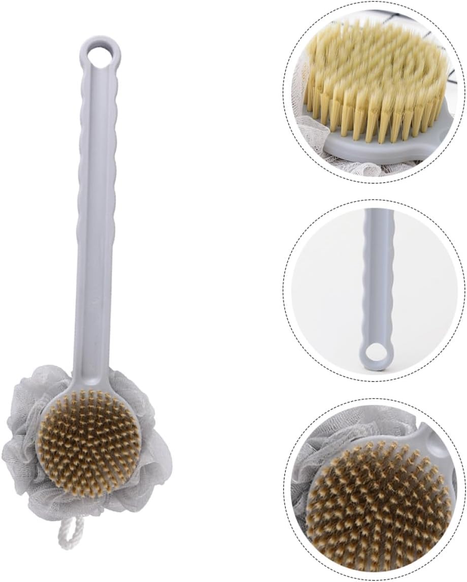 Long Handle Double-Sided Bath Brush Nordic Gray Back Massage Scrubber Unisex Bathing Accessory for Shower and Body Cleaning
