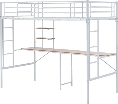 System Bet Loft Bed Single with Desk with Rack Shelf Ladder Staircase Load Capacity 330.7 lbs 150 kg Height 170 cm Nordic Style Bunk Bed Adult Bed Living Alone Room Bunk Bed White