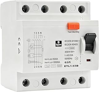 Fi schutzschalter 63A 30mA Typ B fi schalter 4 polig 10kA 30mA fi typ b fehlerstromschutzschalter AC 415V RCCB Allstromsensitiver Schalter für Ladestationen und Industrieanlagen ETL1-63B
