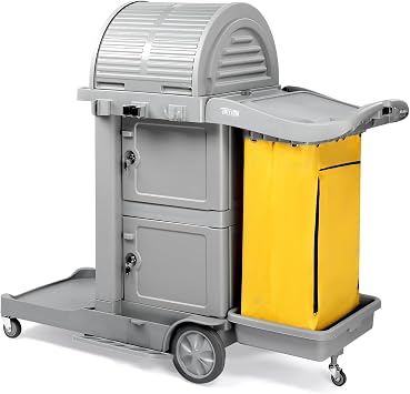 TUFFIOM Janitorial Cart on Wheels, 3 Shelf Commercial Cleaning Cart with Key Locking-Cabinet, Grey Housekeeping Cart with Locker and Cleaning Bag, for Hotel, Business, Office, Stadium Use