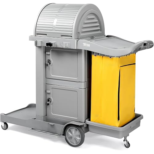 TUFFIOM Janitorial Cart on Wheels, 3 Shelf Commercial Cleaning Cart with Key Locking-Cabinet, Grey Housekeeping Cart with Locker and Cleaning Bag, for Hotel, Business, Office, Stadium Use