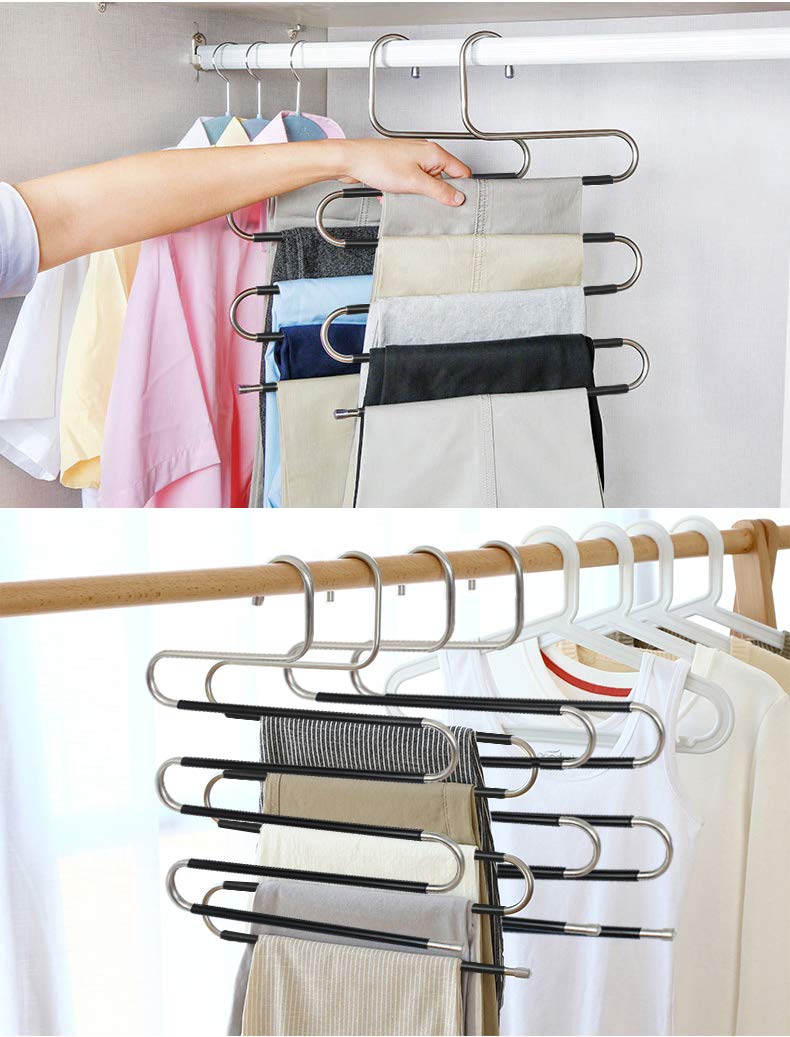 Cintre à Pantalons Gain De Place – 2 Pièces – En Acier Inoxydable – Pliable, 6 Niveaux – Pour Jeans, Jupes, Ceintures