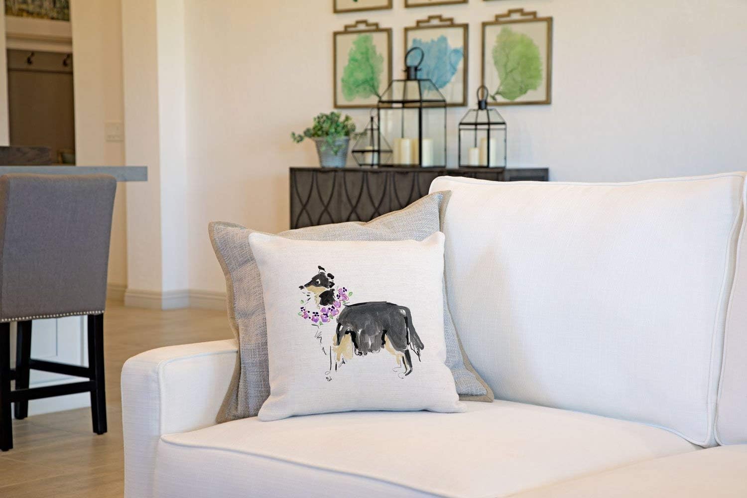 Di Lewis Dog Throw Pillow Cushion Cover - 20x20 - Decorative Black Collie - Woven Cotton Blend - for Couch Bed Sofa Pillows - Linen Cream…