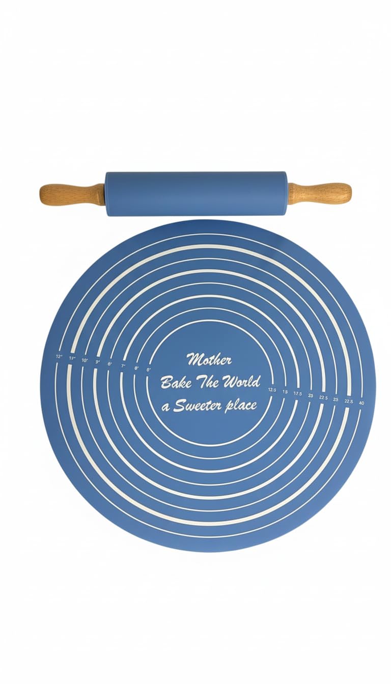 Silicone Non-Stick Rolling Pin & Pastry Mat Set – Adjustable Thickness, Food-Grade Silicone, Heat-Resistant, Easy-Clean Baking. (Blue)