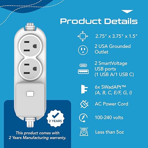 Miniatura 85 de Ceptics Adaptador de viaje universal 6 en 1 con 2X USB-A y 3X USB-C, 45 W para uso global, compatible con EE. UU., UE, Reino Unido y más, blanco