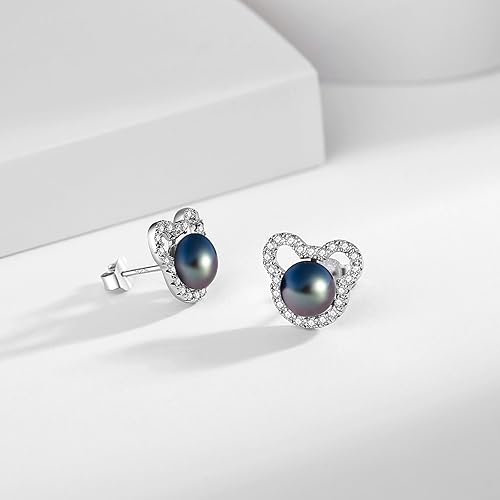 Miniatura 2 de BAMIKI Pearl Earrings Cute Mickey Mouse Studs for Women Girls, S925 Sterling Silver Emerald CZ Genuine Saltwater Cultured Pearls, Hypoallergenic