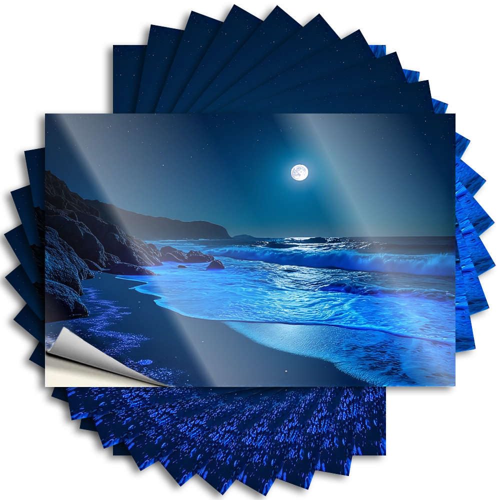 Vintage Room Decor Aesthetic Hat Tattoos | Moonlit Beach with Glowing Blue Waves. Snarky for Adult Decor(6X9CM)