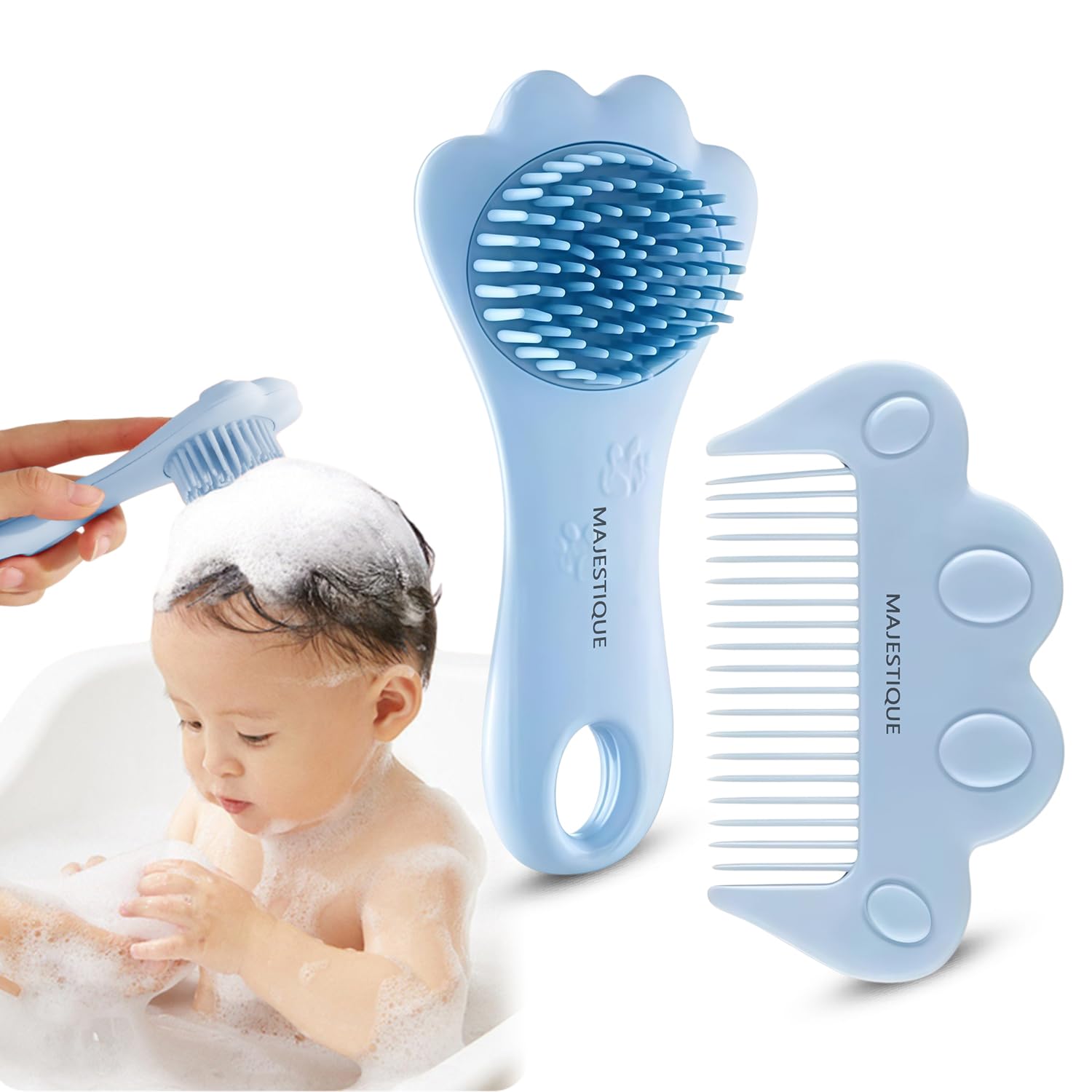 MAJESTIQUE Baby Hair Brush & Comb Set for Newborns & Toddlers | Ultra-Soft Silicone Scalp Massager Hair Brush & Gentle Detangler Hair Comb | BPA-Free Baby Grooming Kit | Easy-Grip Handle- 2Pc/Blue-image-11
