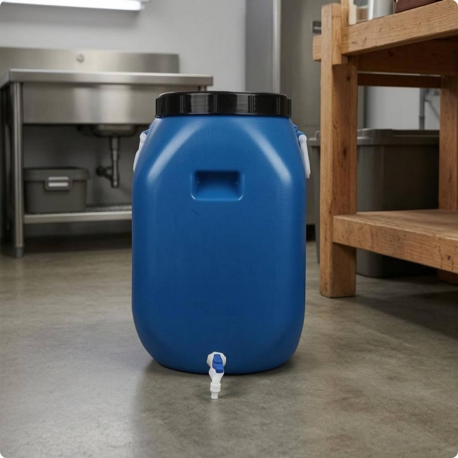 Colcolo Barile di Stoccaggio Secchio Contenitore Rubinetto Coperchio Maniglie Plastica HDPE per Conservazione Sicura Adatto per Cucina Magazzino Zona Servizi, 100 L, Coperchio Bianco, Con Rubinetto