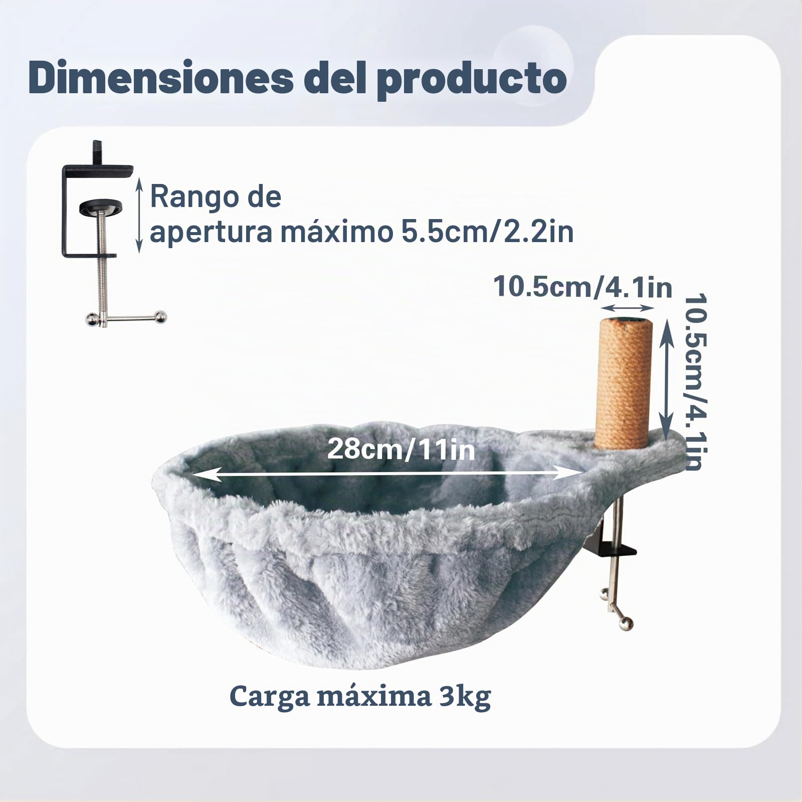 Cama Para Gatos Para Escritorio Con Árbol Para Rascar, Hamaca, Cesta, Cama De Felpa Gris, Diámetro 30 Cm Hasta 10 Kg