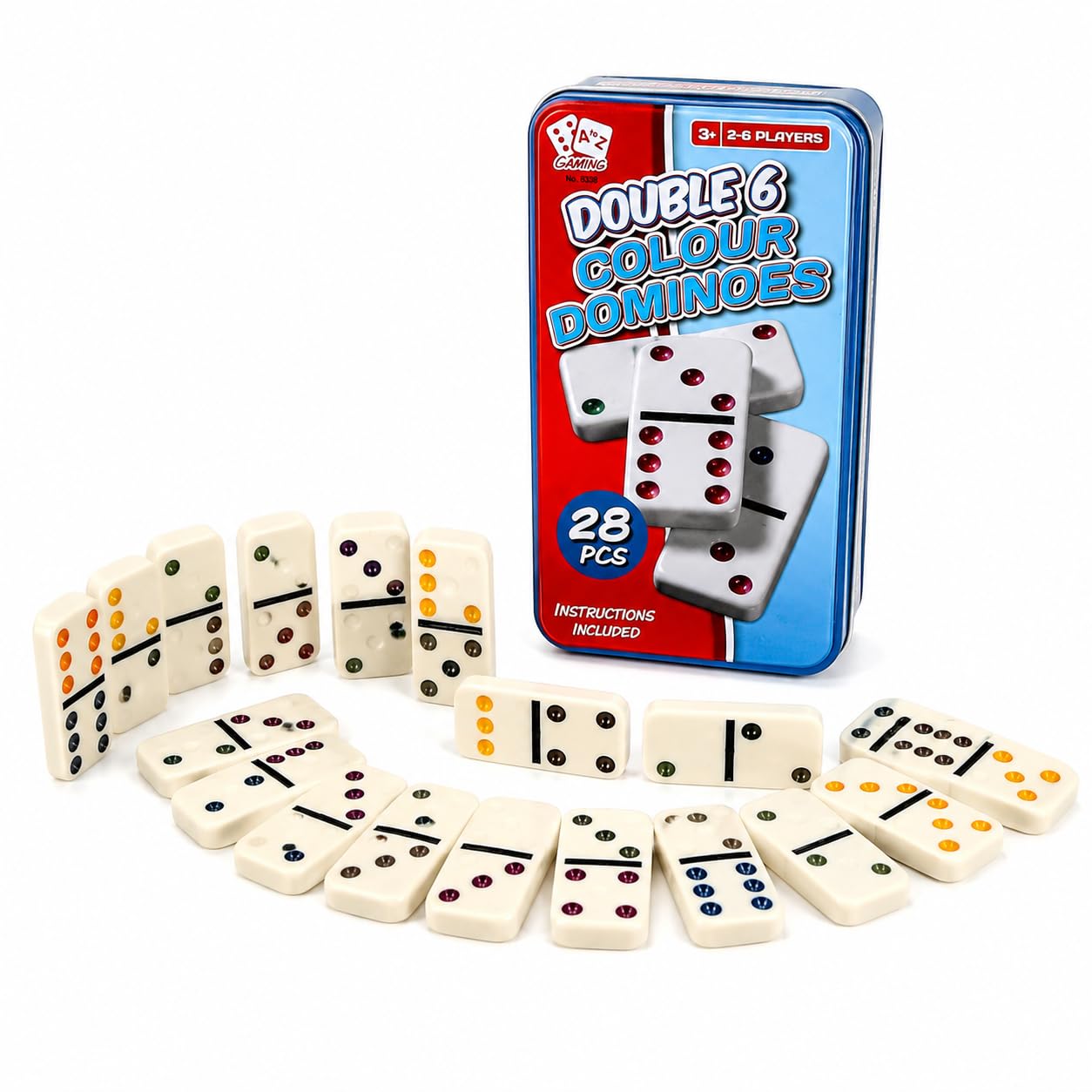 A2Z Double 6 Colour Dominoes Set in Metal Tin 28 Pieces Family Game