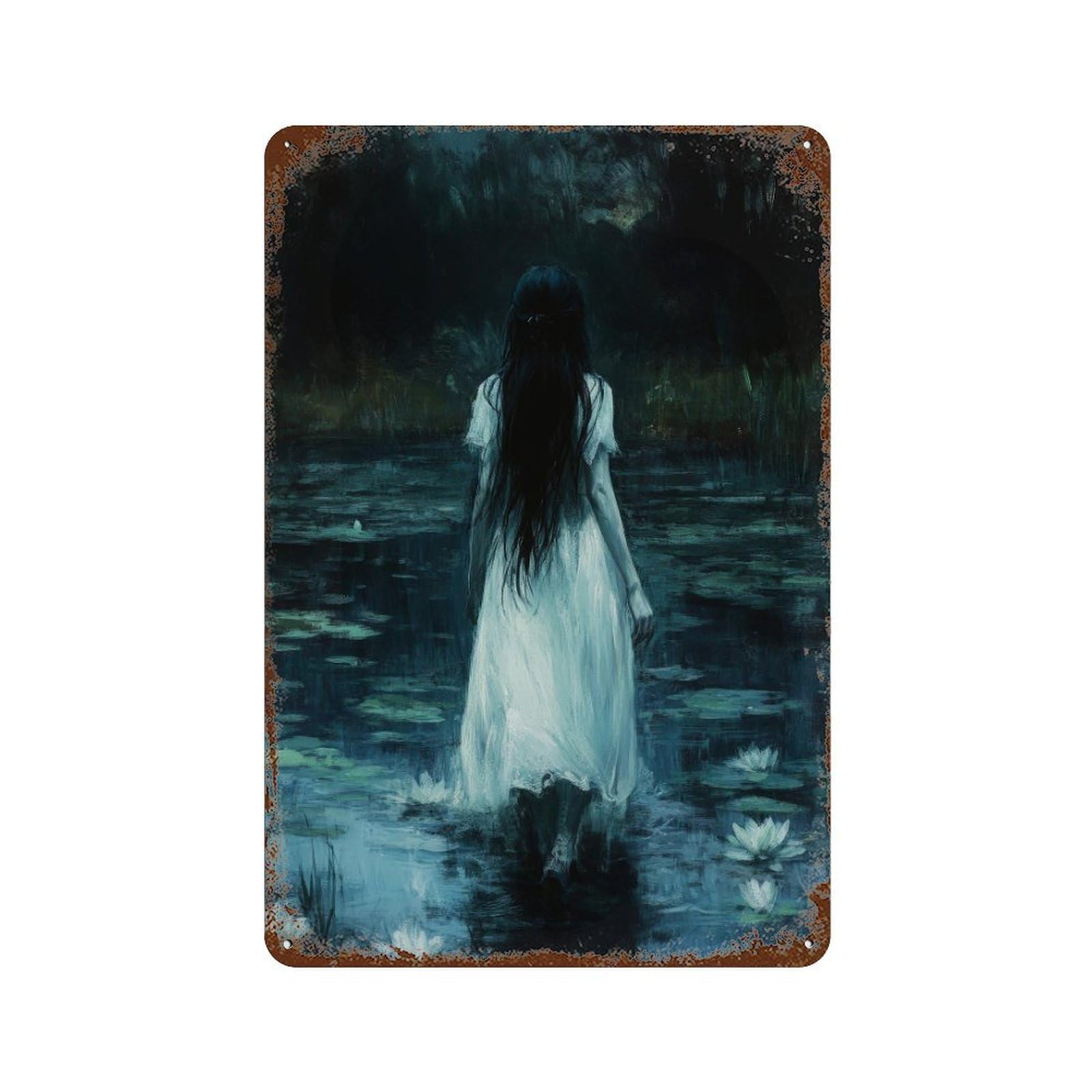 Victorian Women Walking in Dark Lake Academia Gothic Decor Antique Illustration Era Rustic Vintage Wall Decor Art Metal Tin Poster Modern Home Decor Art Home Bar Shop Decorations Vintage Sign 30x20cm