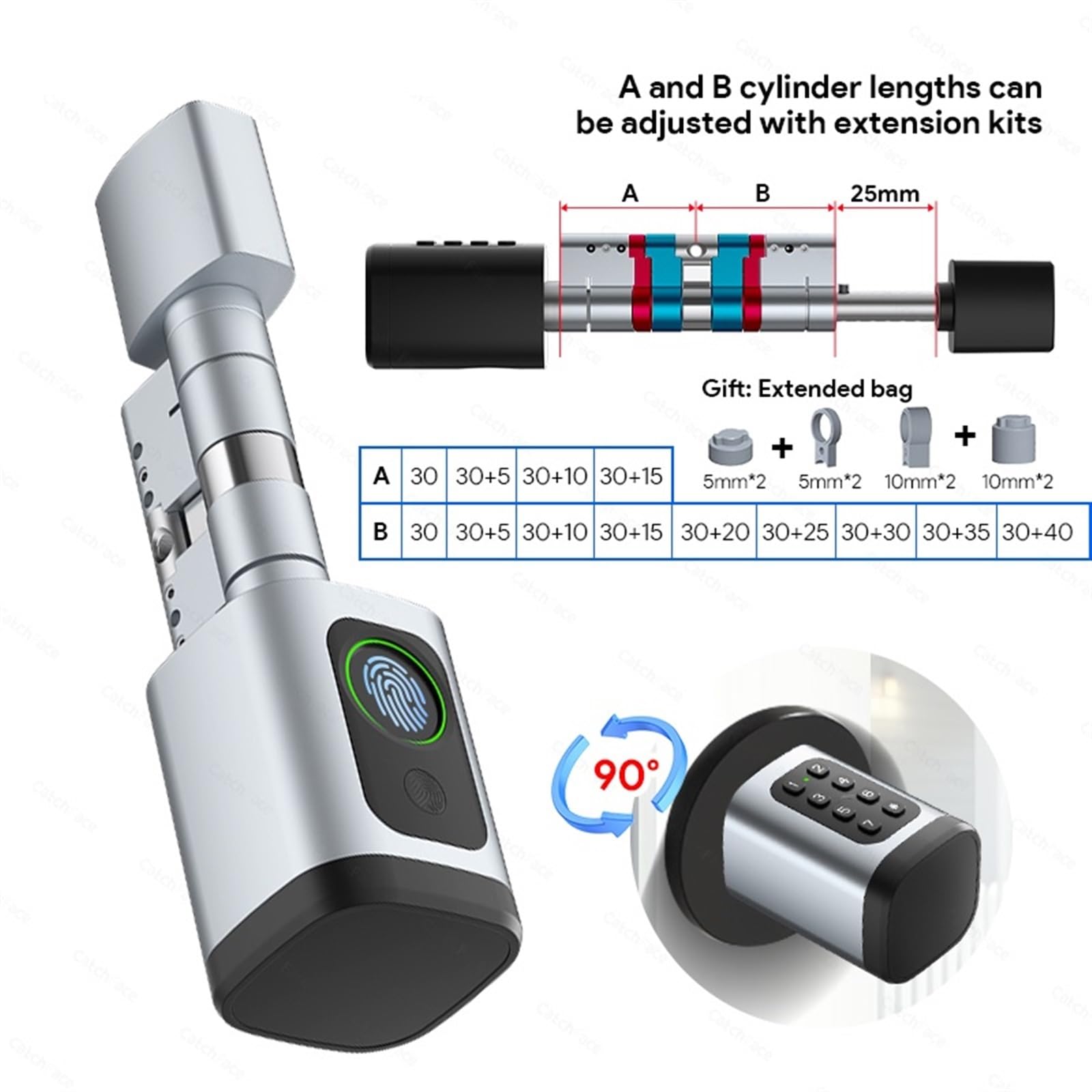 Smart Lock, Regulowane hasło odcisków palców Cyfrowa karta RFID Cylinder Inteligentny zamek do drzwi do hotelu domowego(Nero)