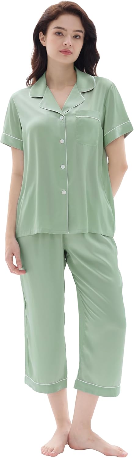 Joyaria Women Satin Silk Capri Pajamas Super Soft Comfy Sleepwear Short Sleeve Button Down loungewear Sets S-XXL - Image 8