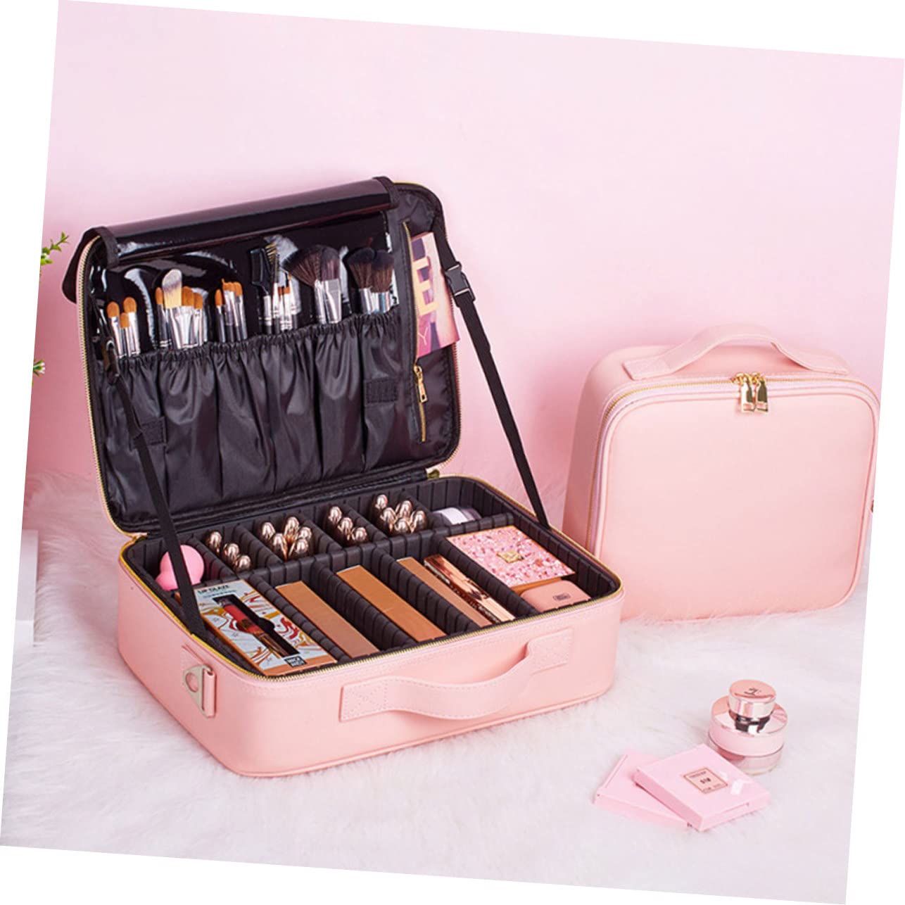 minkissy Schminkbeutel Damen als Schminkkoffer Make Up Organizer aus Pu Leder mit Verstellbaren Fächern und Reißverschluss für Zuhause und Arbeit