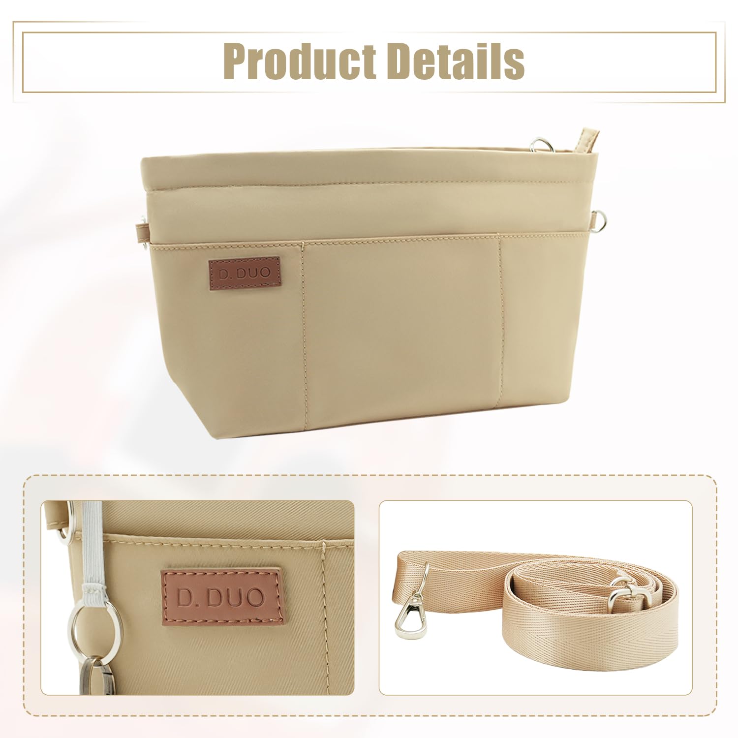 D.DUO Wkładka do organizera do torby, torba crossbody, wkładka do organizera na ramię z regulowanym paskiem do torby, wodoodporne nylonowe wkładki do torebki (beżowy, XL)