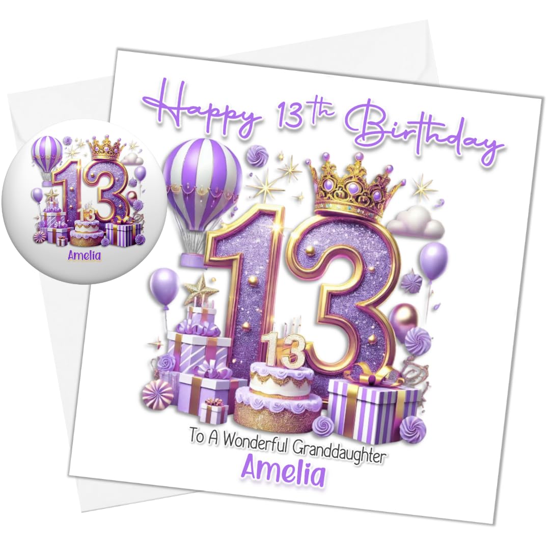 Personalised 13th Girls Birthday Card with matching Badge for Daughter Sister Niece Granddaughter Goddaughter Thirteen Today Officially a Teenager Thirteenth (Card & Button Badge)