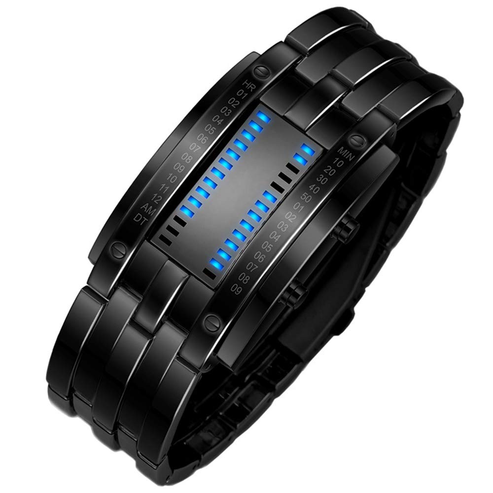 Unisex Binär Digitale Uhren Schwarz Edelstahl Fashion Casual Stil Eckig Zifferblatt Blau LED Licht Einzigartig Armbanduhren Kalender