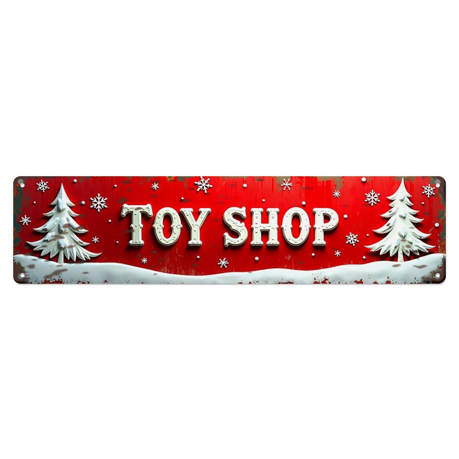 Jdyaojiesheng Vintage Red Background Snowflakes Trees Toy Shop Tin Sign Retro Metal Wall Decor Metal Poster, Home Bar Garage Farmhouse Cafe Wall Art Decoration 4X16inch