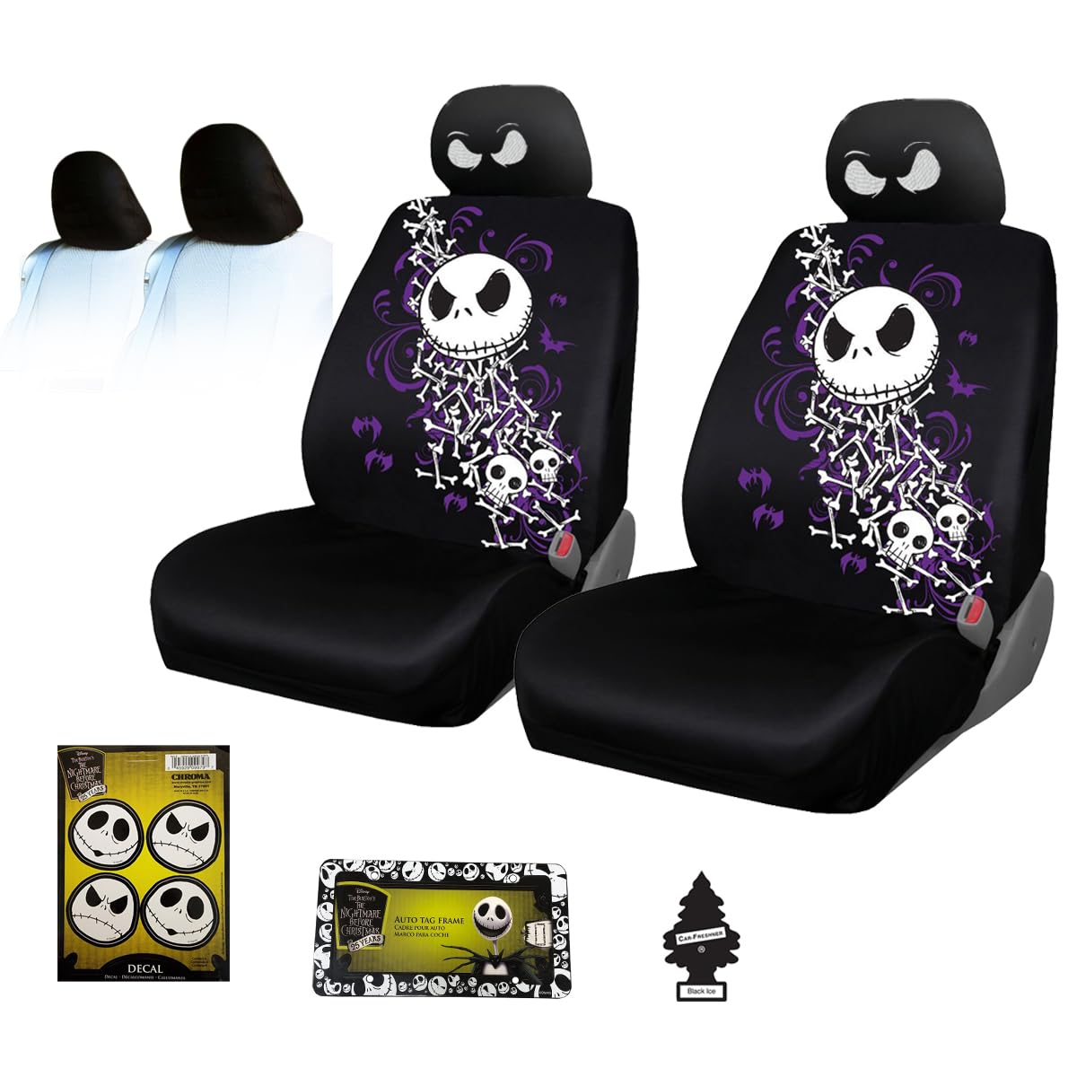 Yupbizauto Plasticolor Nightmare Before Christmas Jack Skellington Bone Design Car Truck SUV Seat and Headrest Covers Bundle Set