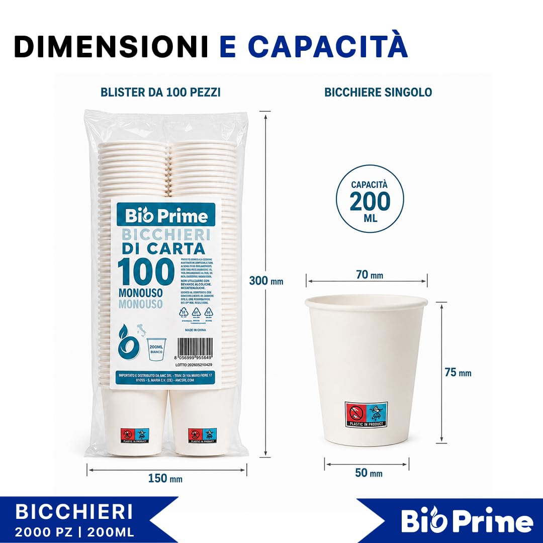 Bicchieri Acqua in Carta 200ml - Biodegradabili - Per Bevande Calde, Acqua e Bibite - Bicchieri Usa e Getta. (Bianco, Quantità 2000pz)