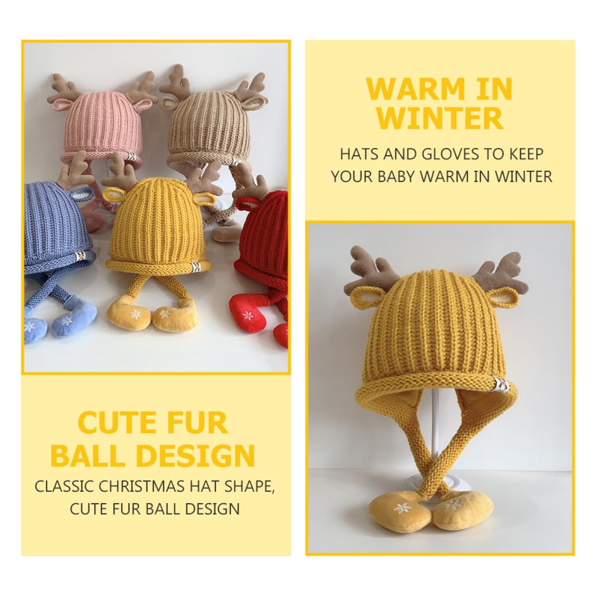 BESTYASH Sombrero Tejido Gorro de Navidad Sombrero de Navidad para niños Sombrero de pompón de bebé Gorro Termico Gorro Bebe Gorro de Invierno Gorro recién Nacido Acrílico Yellow