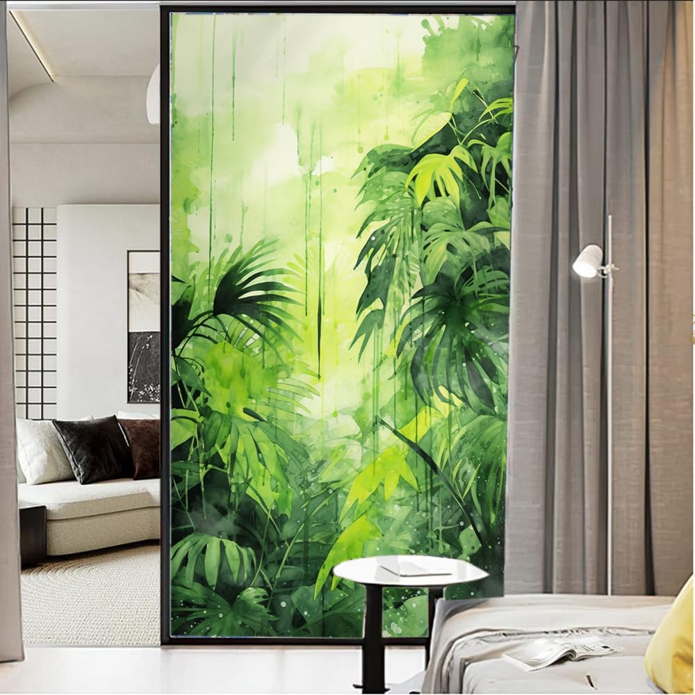 Fensterfolie mit Aquarellblättern, dekorativ, abstrakt, grün, tropischer Wald, Pflanze, Buntglas-Fensterfolie, Sonnenblockierung, Hitzekontrolle, kein Klebstoff, Fensterabdeckungsfolie für