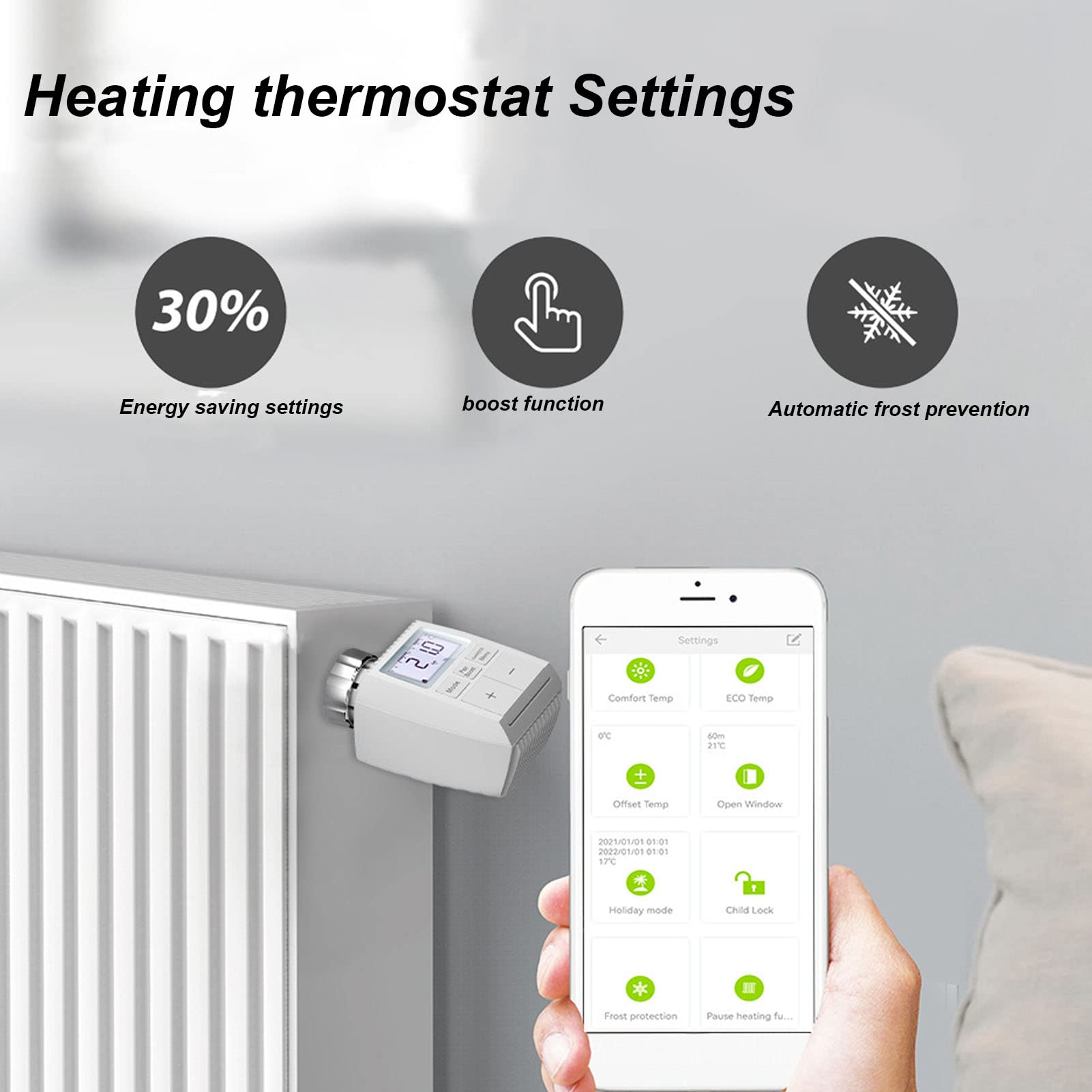 Termostato Radiador, Termostato WiFi, Cabezal Termostatico, Ahorra un 30% Gastos de Calefacción, Control App, Control Voz, 5 Modos Opcionales, Compatible con Home