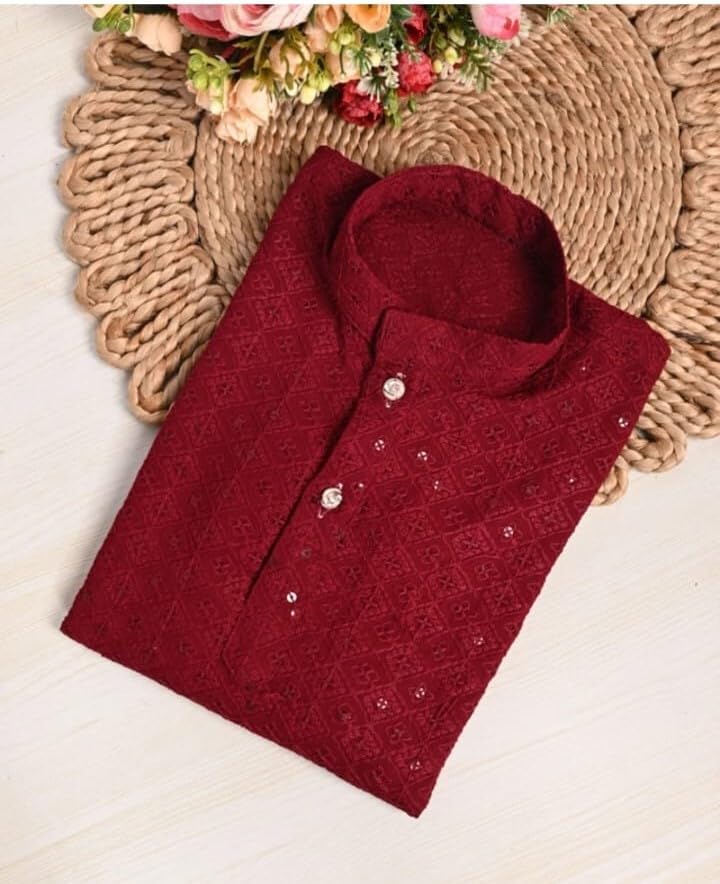 Image of Traditiona Kurta with White Pajama Set, Kids Ethnic Wear, Cotton Blend