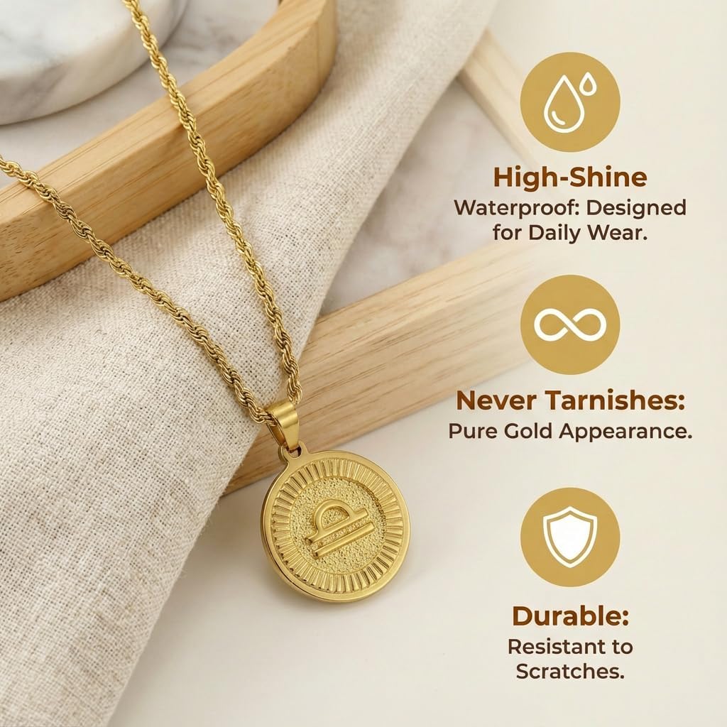 18K Gold Plated Zodiac Necklace for Women Men, Retro Coin Zodiac Sign Pendant Necklaces, Hypoallergenic & Anti-Tarnish, Adjustable Chain Horoscope Jewelry with Gift Box, Birthday Gifts for Her Him - Image 9